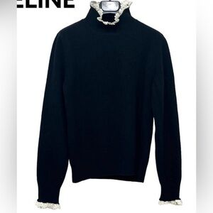 Celine Black Turtleneck Sweater with Lace Accents